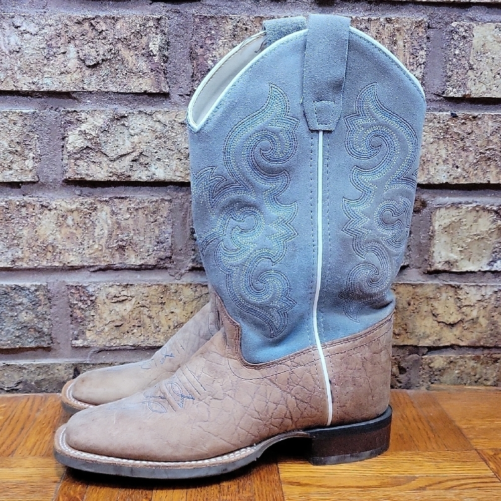 Old West Youth 3.5D Cowboy Boots Tan Blue Leather Western Kids Boots